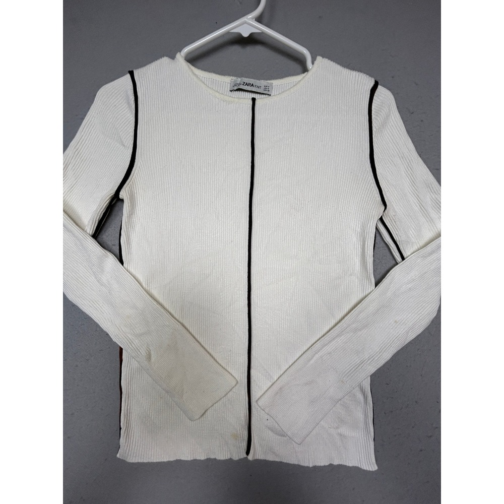 ZARA KNIT Top Ribbed Knit White Black Piping Size Medium Womens